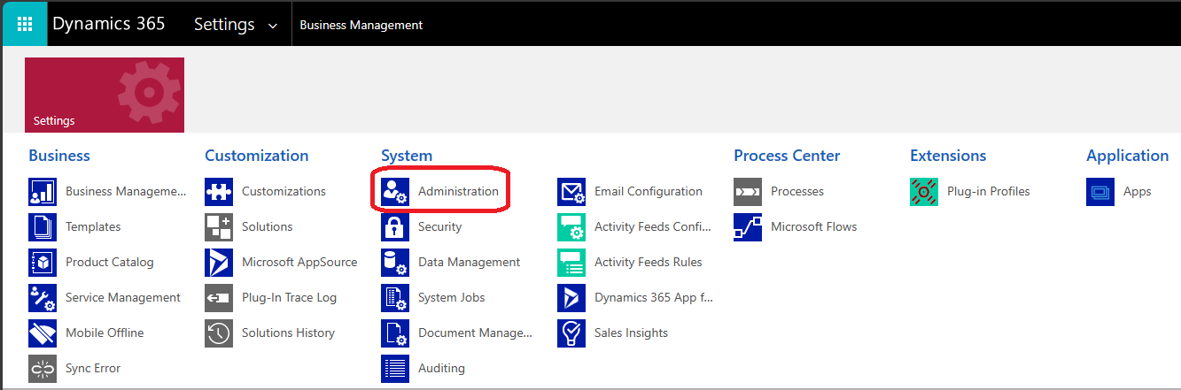 Captura de pantalla que mostra Administració al menú desplegable de la configuració avançada per a Dynamics 365.