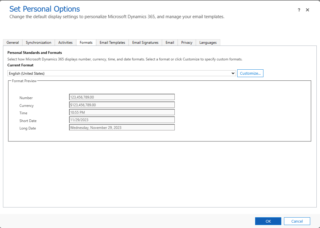 Captura de pantalla de la pestanya Formats a la configuració de personalització de Dynamics 365.