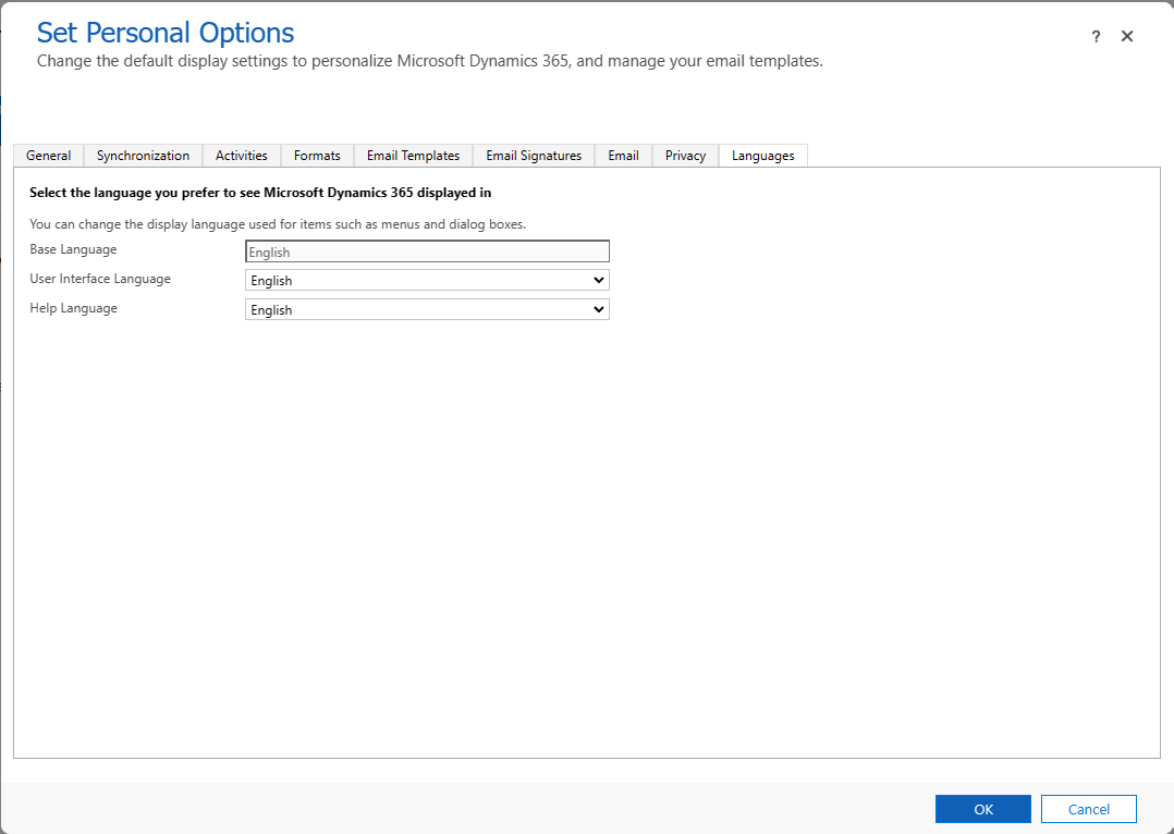 Captura de pantalla de la pestanya Llengües a la configuració de personalització de Dynamics 365.