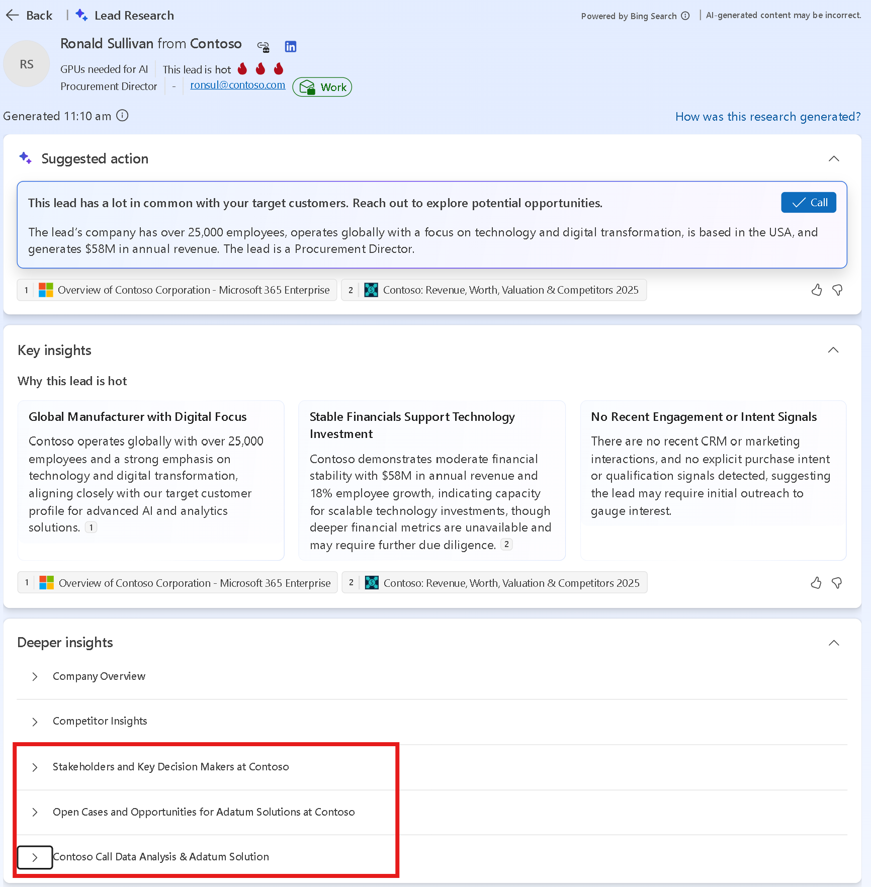 Captura de pantalla d'insights de recerca personalitzats generats per l'Agent de Qualificació de Vendes a la pàgina de recerca de Leads Leads.