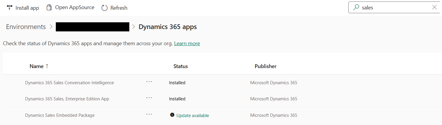 Captura de pantalla del centre d'administració de Power Platform mostrant la llista d'aplicacions de Dynamics 365 sota Resources.