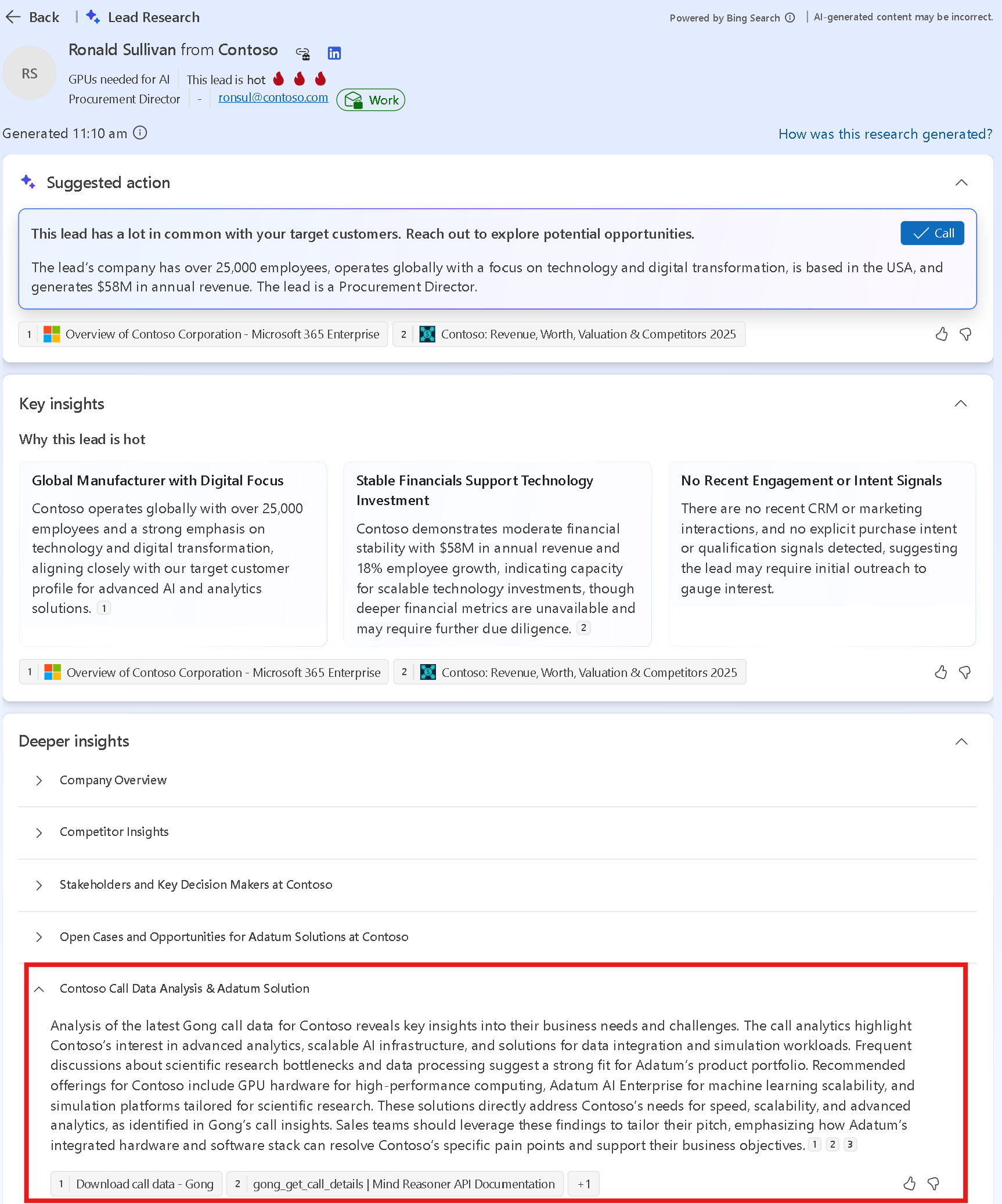 Captura de pantalla d'insights de recerca generats per un Agent de Qualificació de Vendes utilitzant Gong com a font de coneixement.