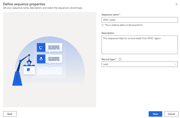 Captura de pantalla del diàleg Crea una seqüència al Dynamics 365 Sales.