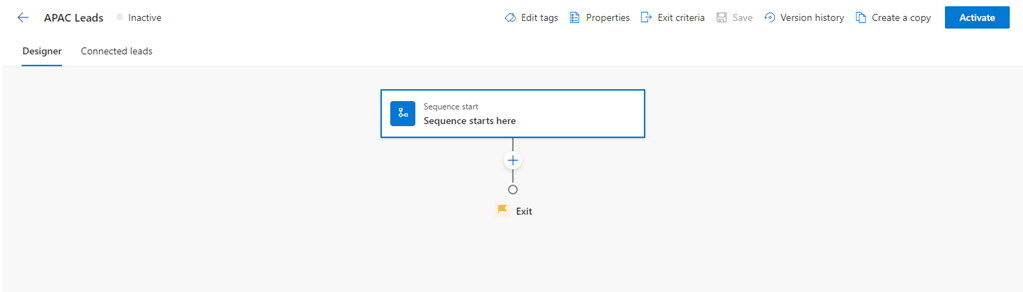 Captura de pantalla de la pàgina del dissenyador de seqüències al Dynamics 365 Sales.