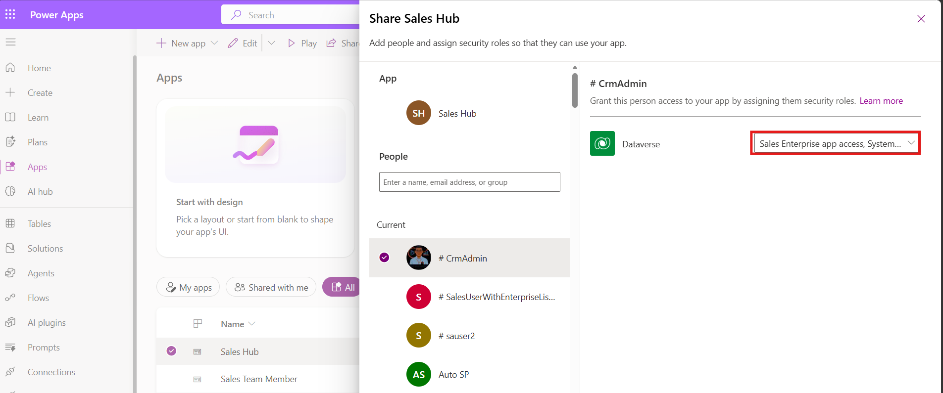Captura de pantalla de la pàgina Power Apps Apps mostrant la pàgina Share Sales Hub.