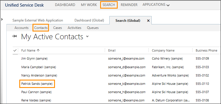 Captura de pantalla de la lista de contactos.