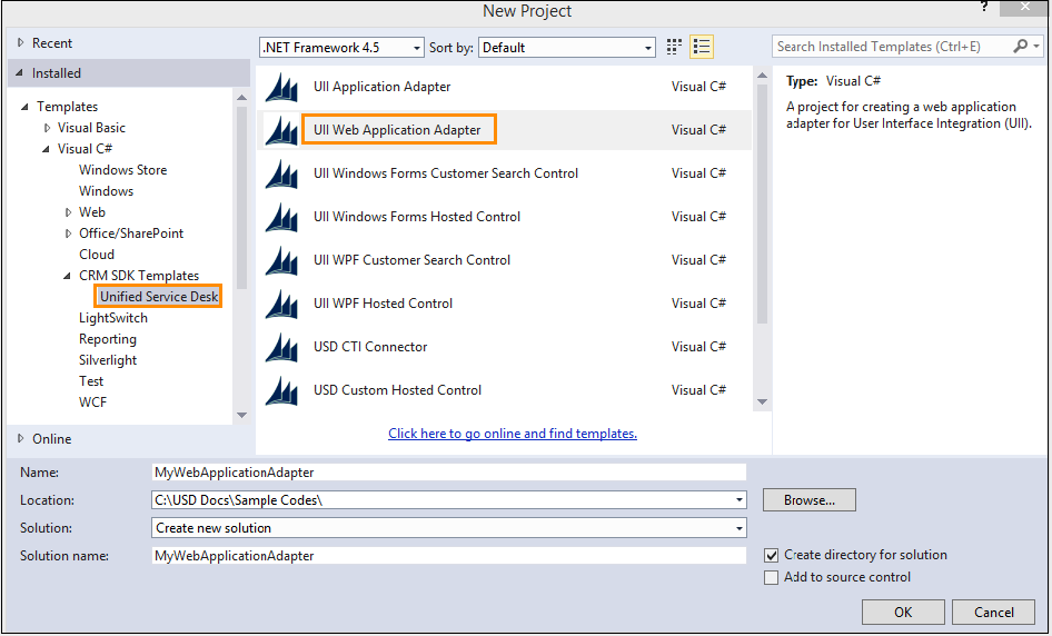 Captura de pantalla del adaptador web en Visual Studio.