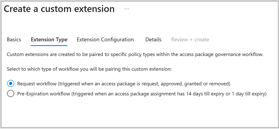 Panel para crear una extensión personalizada