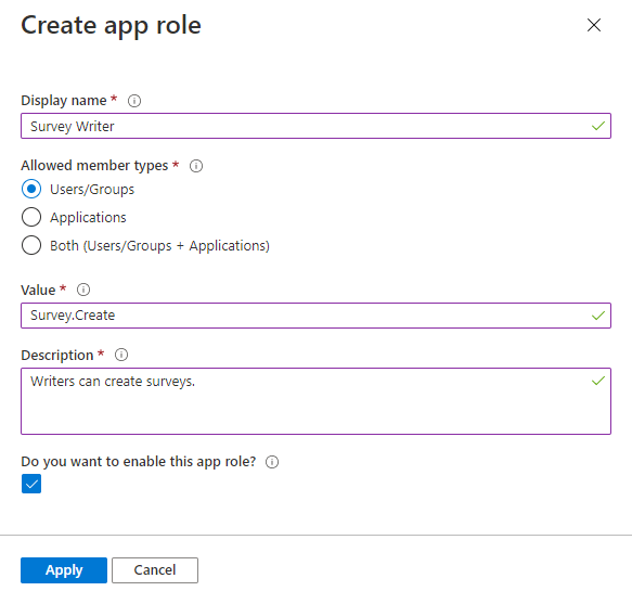 Panel contextual de creación de roles de aplicación durante el registro de una aplicación en Azure Portal