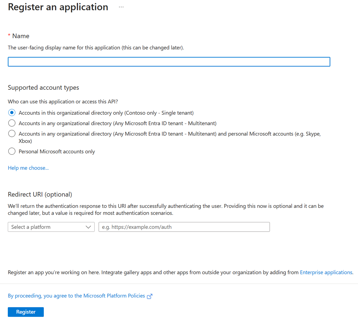 Cree un nuevo registro de aplicación en el centro de administración de Microsoft Entra