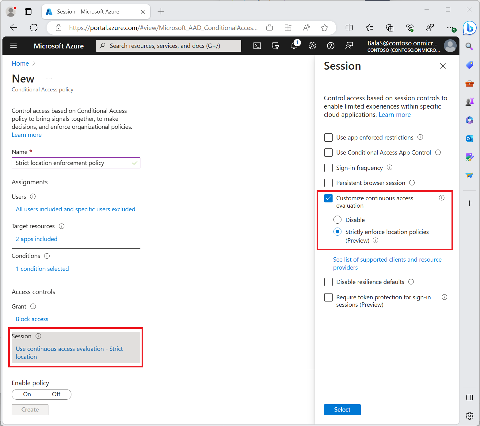 Captura de pantalla que muestra una directiva de acceso condicional con la opción 