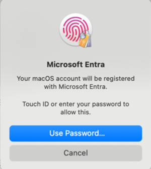 Captura de pantalla de un mensaje de registro de Microsoft Entra que aparece en macOS 14 después de seleccionar la notificación de registro necesaria.