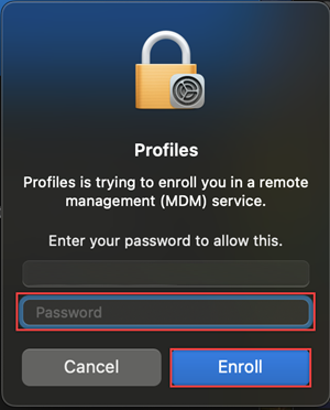 Captura de pantalla de la ventana de perfiles que solicita una contraseña para inscribirla en un servicio MDM.