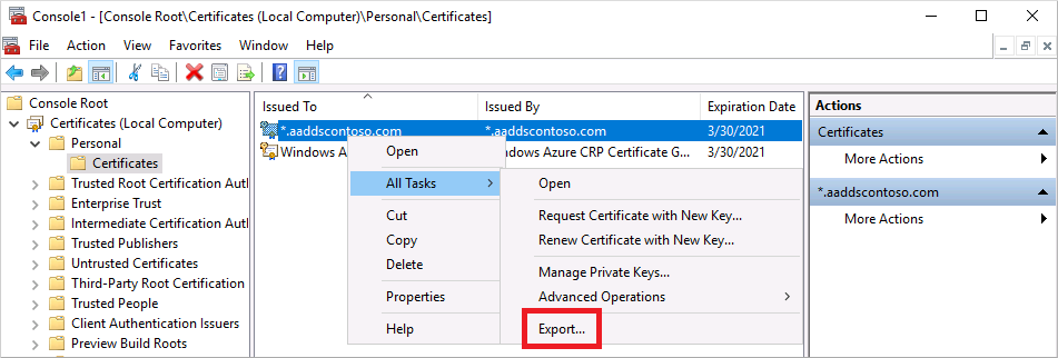 Exportación de certificado en Microsoft Management Console