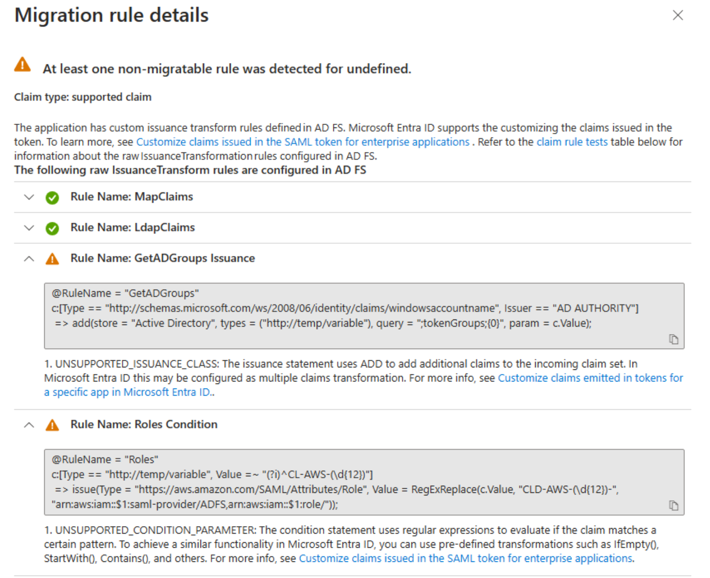 Captura de pantalla del panel de detalles de reglas de migración de aplicaciones de AD FS.