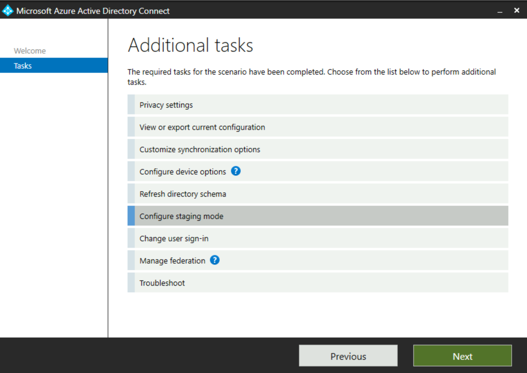 Captura de pantalla que muestra el modo provisional resaltado en el cuadro de diálogo en Active Microsoft Entra Connect.
