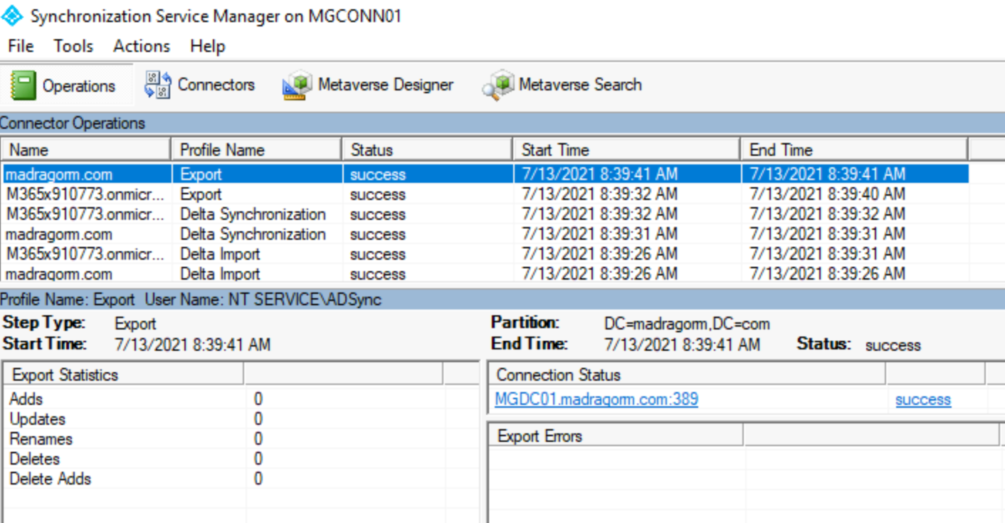 Captura de pantalla que muestra la consola del servicio de sincronización en el cuadro de diálogo en Staging Microsoft Entra Connect.