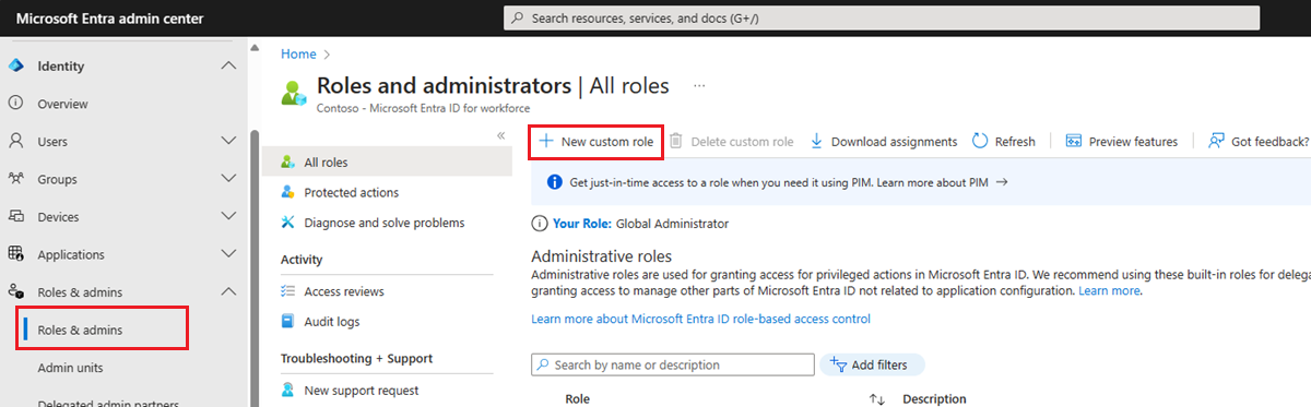 Creación o edición de roles en la página Roles y administradores