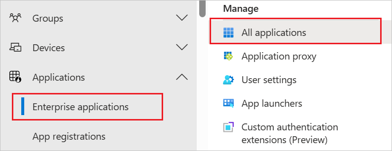 Captura de pantalla que muestra el menú Aplicaciones empresariales en Azure Portal, con todas las aplicaciones resaltadas.