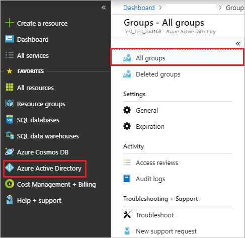 Captura de pantalla que muestra el menú de Azure Portal con Microsoft Entra ID seleccionado y Todos los grupos seleccionados en el panel Grupos.