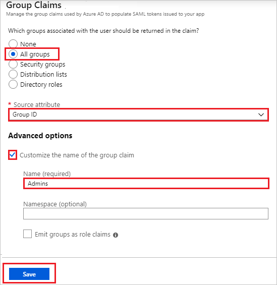 Captura de pantalla que muestra Group Claims (Reclamación de grupo) con valores como los que se describen en este procedimiento.