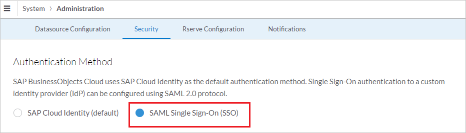 Seleccionar SAML Single Sign-On (SSO) (Inicio de sesión único [SSO] de SAML) como método de autenticación