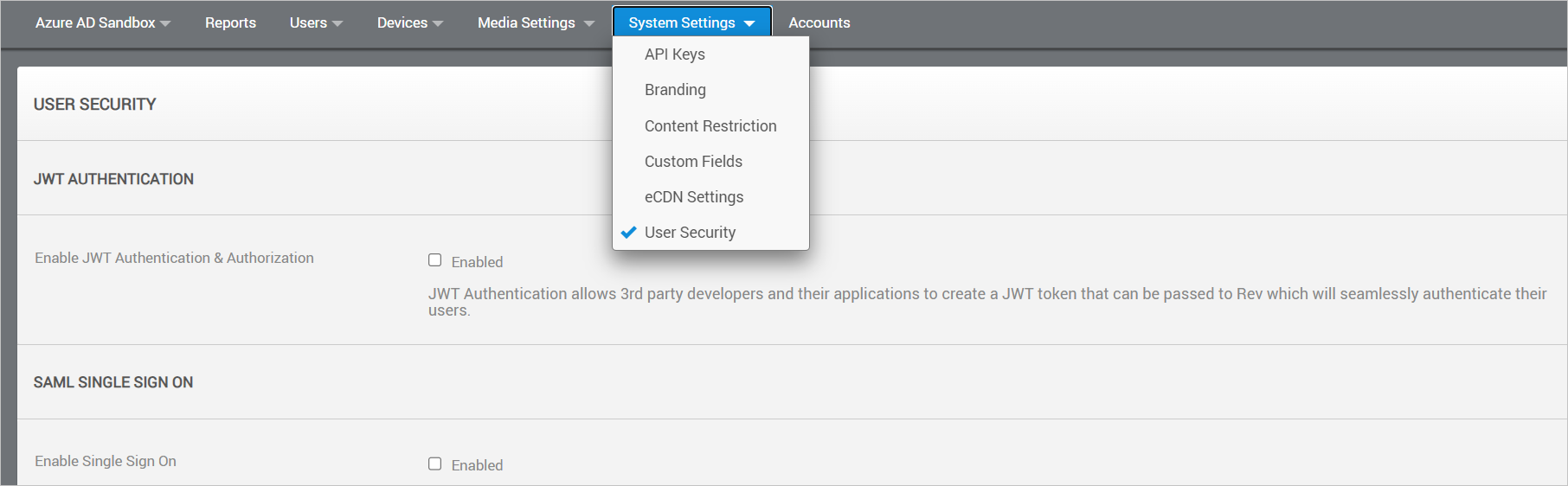 Captura de pantalla de la configuración de seguridad del usuario de Vbrick Rev.