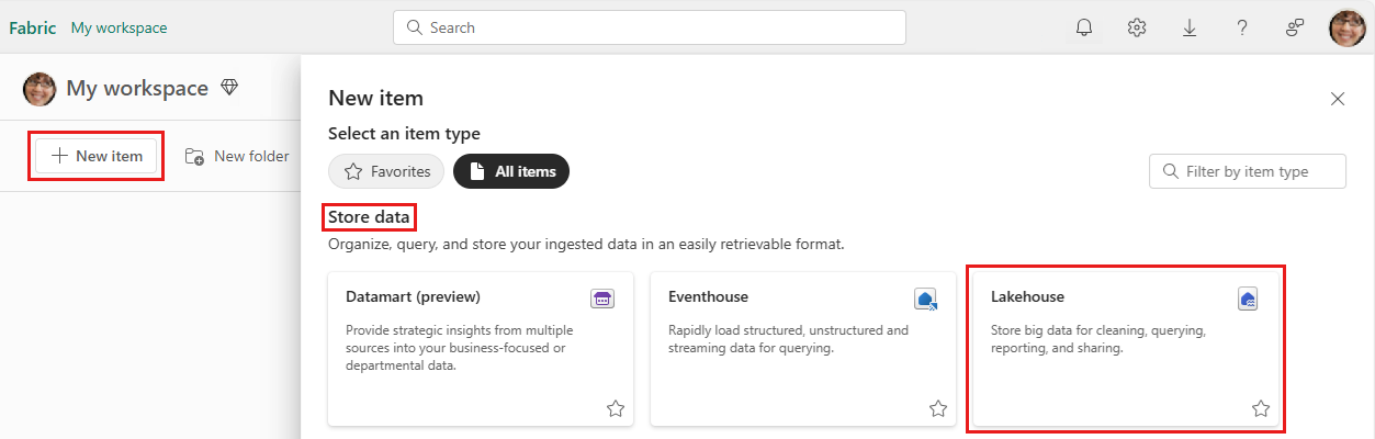 Captura de pantalla que muestra el diálogo de la nueva instancia de Lakehouse.