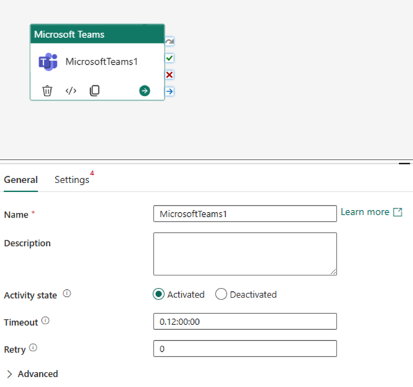 Captura de pantalla que muestra la pestaña Configuración general de la actividad de Teams.
