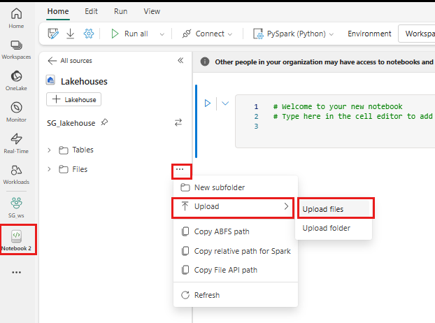 Captura de pantalla de cómo cargar el archivo en la carpeta lakehouse Files.