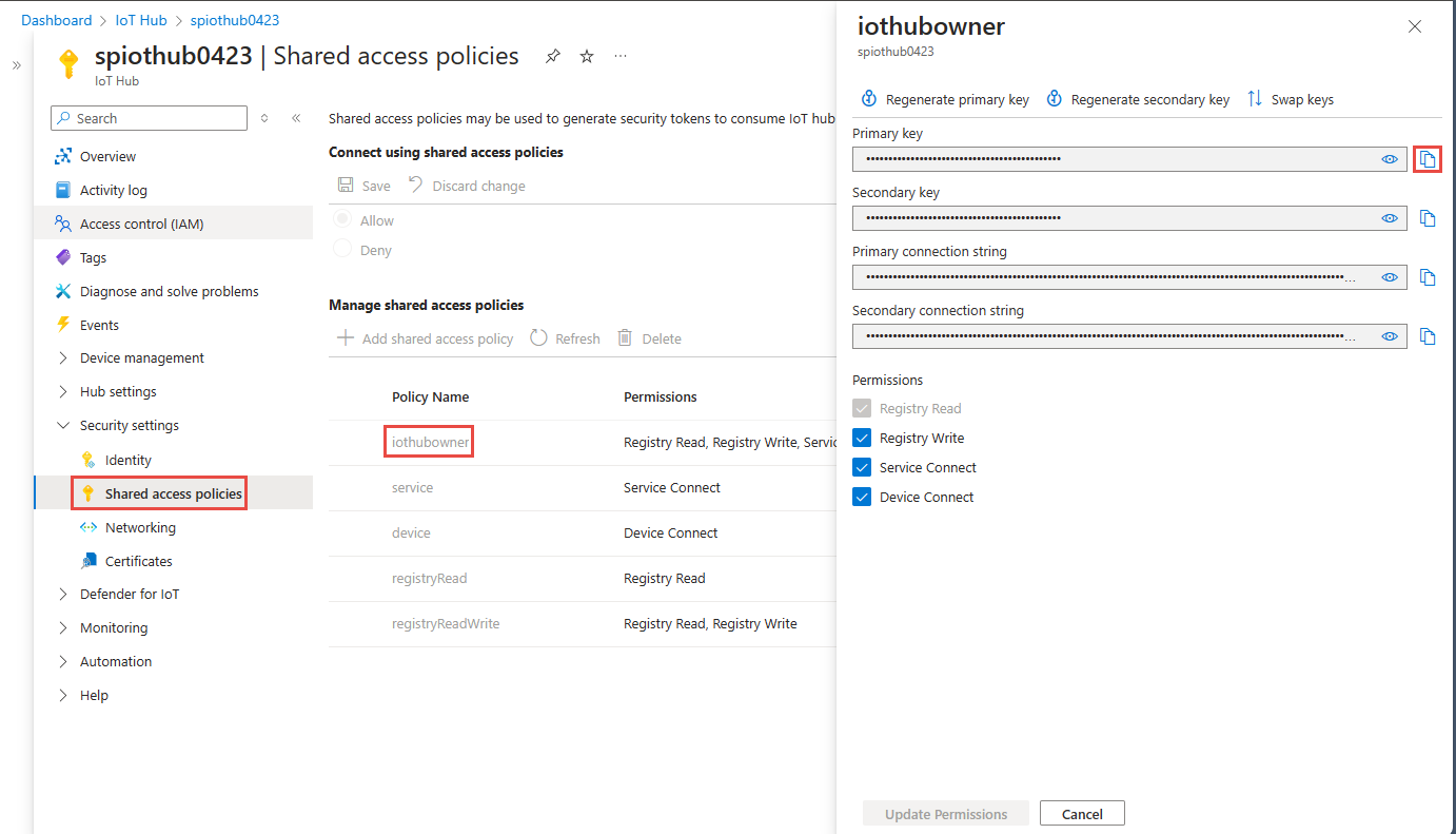 Captura de pantalla que muestra la clave de acceso para un Azure IoT Hub.