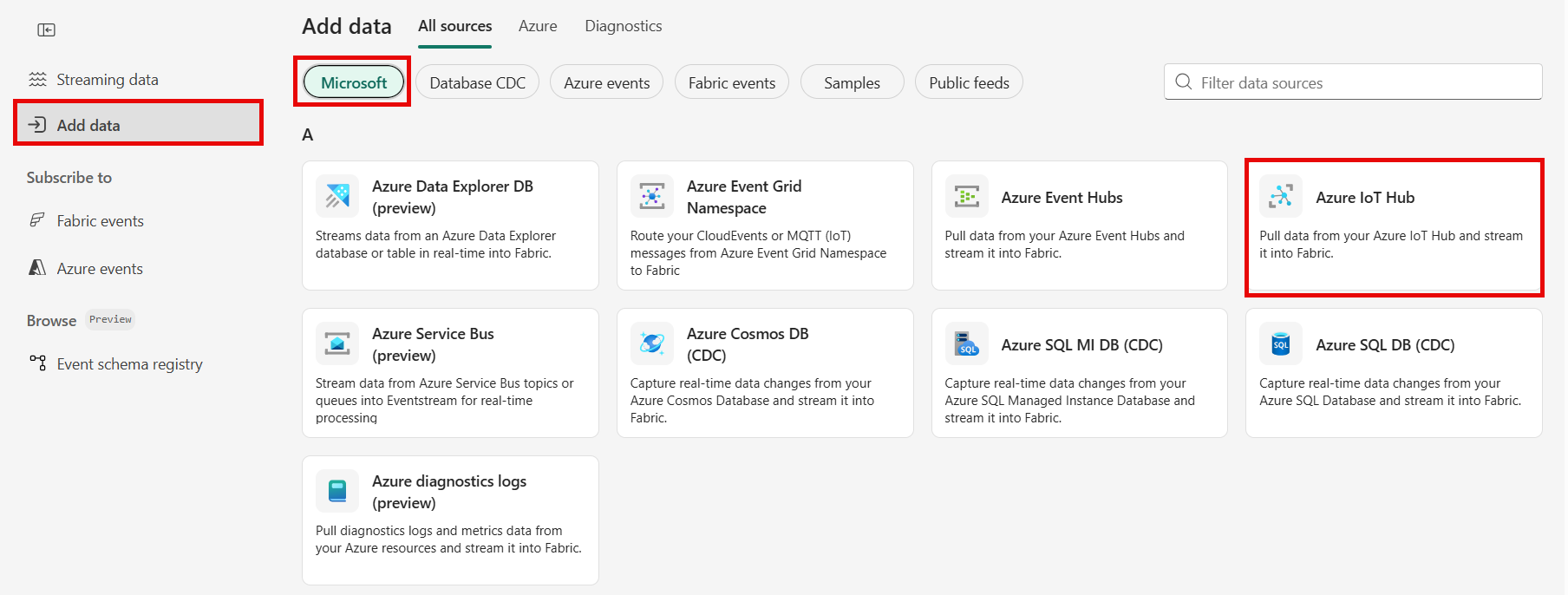 Captura de pantalla que muestra la selección de Azure IoT Hub como tipo de origen en el Asistente para agregar origen.