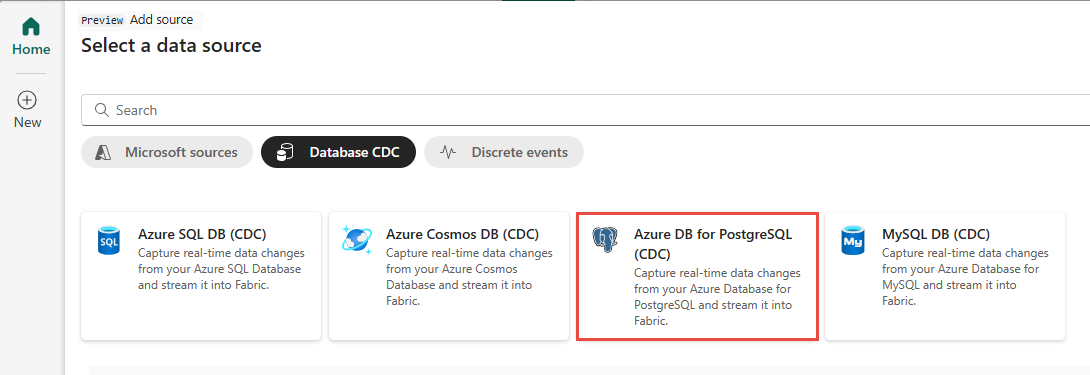 Captura de pantalla de la selección de PostgreSQL DB (CDC).
