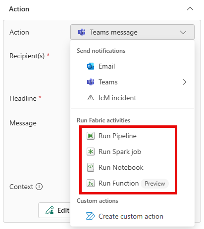Captura de pantalla que muestra la sección Acción del panel Definición con la acción de canalización seleccionada.