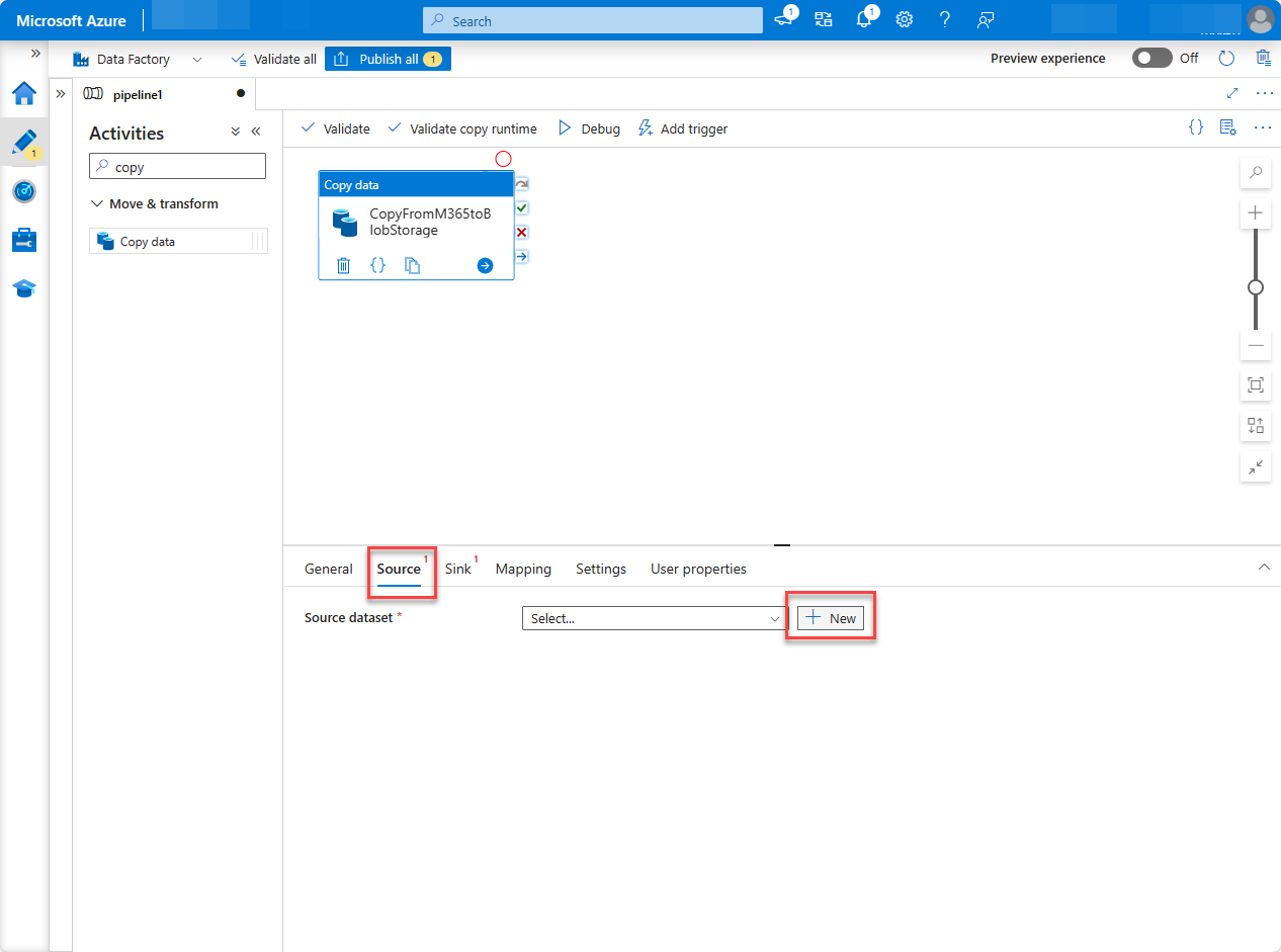 Captura de pantalla de la página del servicio Azure Portal Data Factory con la creación de un nuevo origen de canalización.