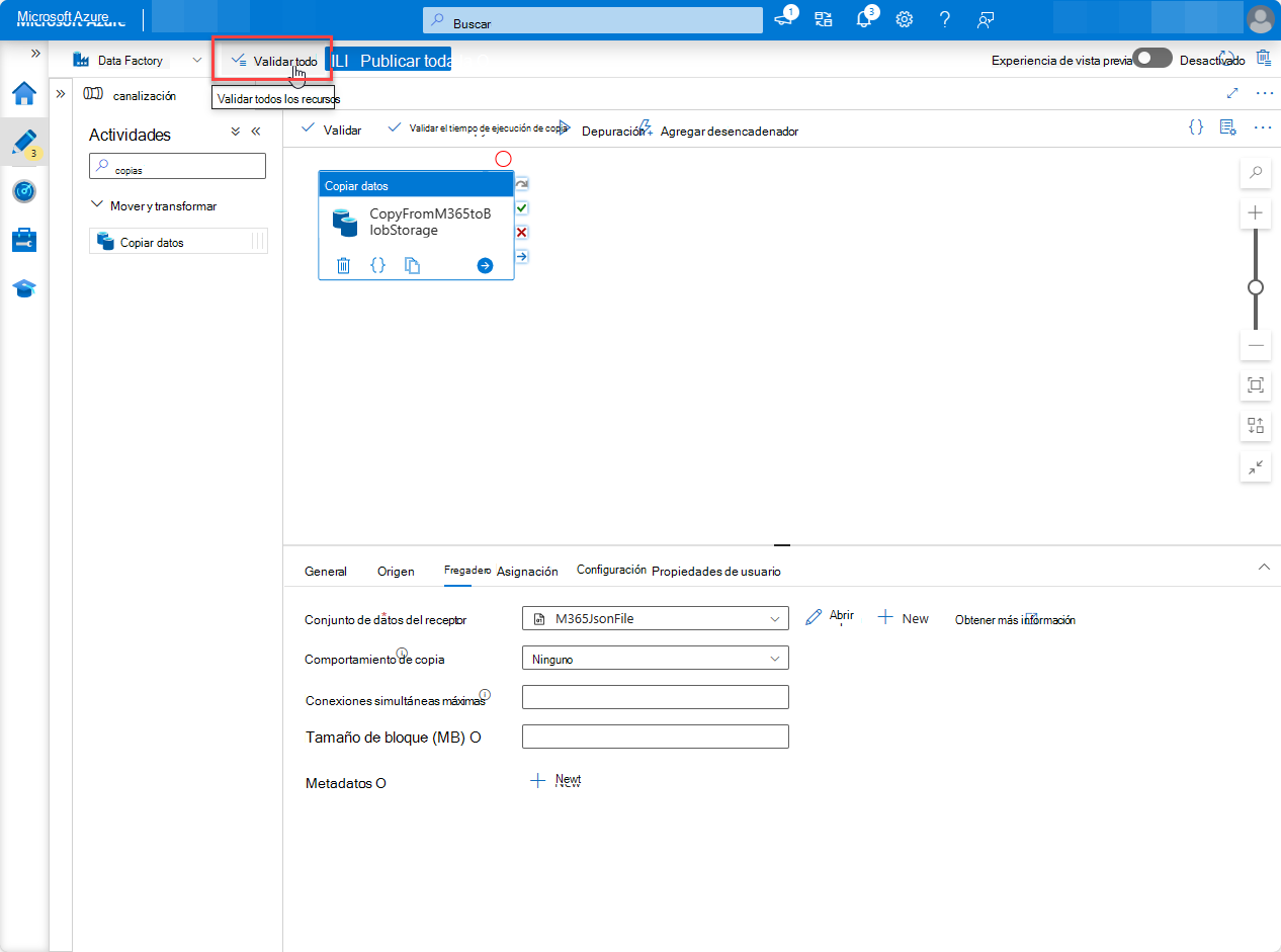Captura de pantalla de la página de recursos de Azure Portal Factory con validar todo resaltado.