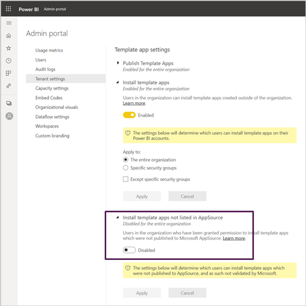 Enable template apps not listed in Marketplace.