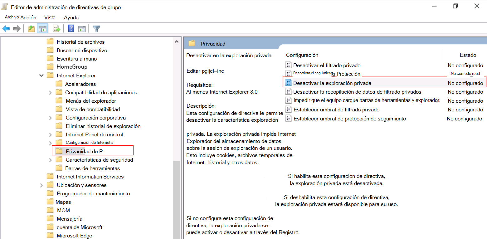 Captura de pantalla que muestra cómo desactivar la exploración de InPrivate en Internet Explorer mediante la plantilla ADMX local.
