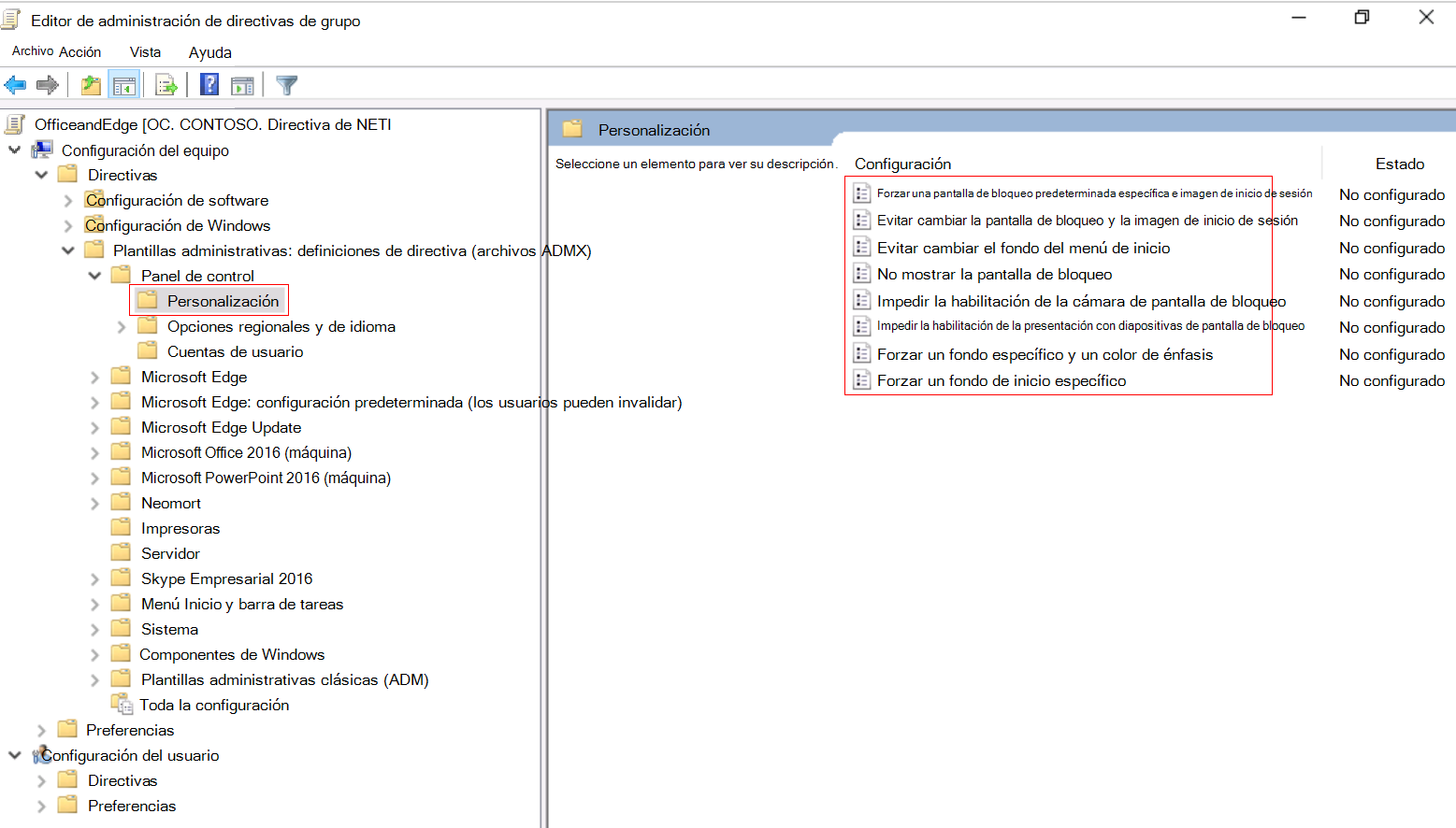 Captura de pantalla que muestra cómo expandir configuración del equipo en el Editor de administración de directiva de grupo local y ir a Personalización.