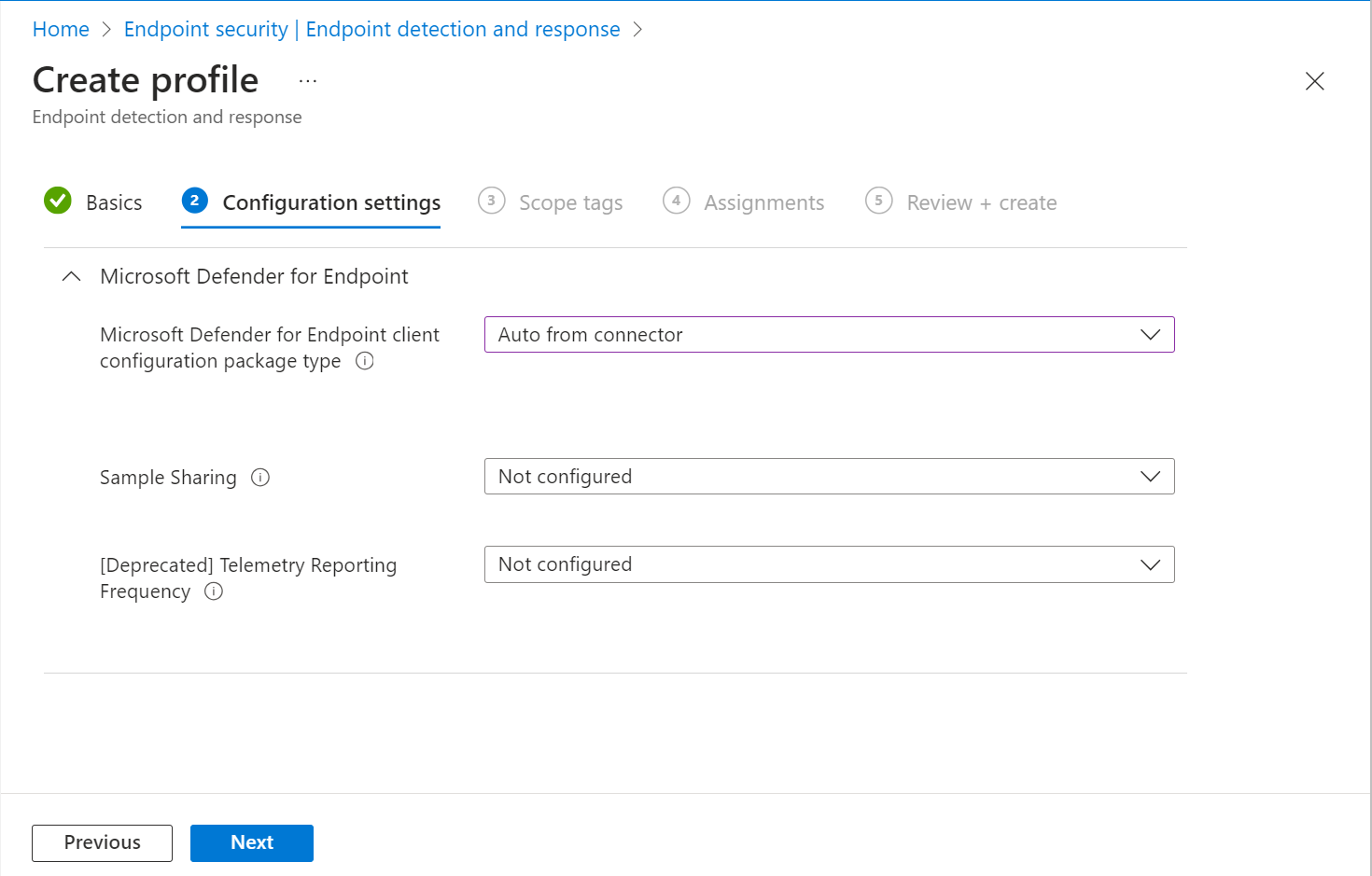 Captura de pantalla de las opciones de configuración para Detección y respuesta de puntos de conexión.