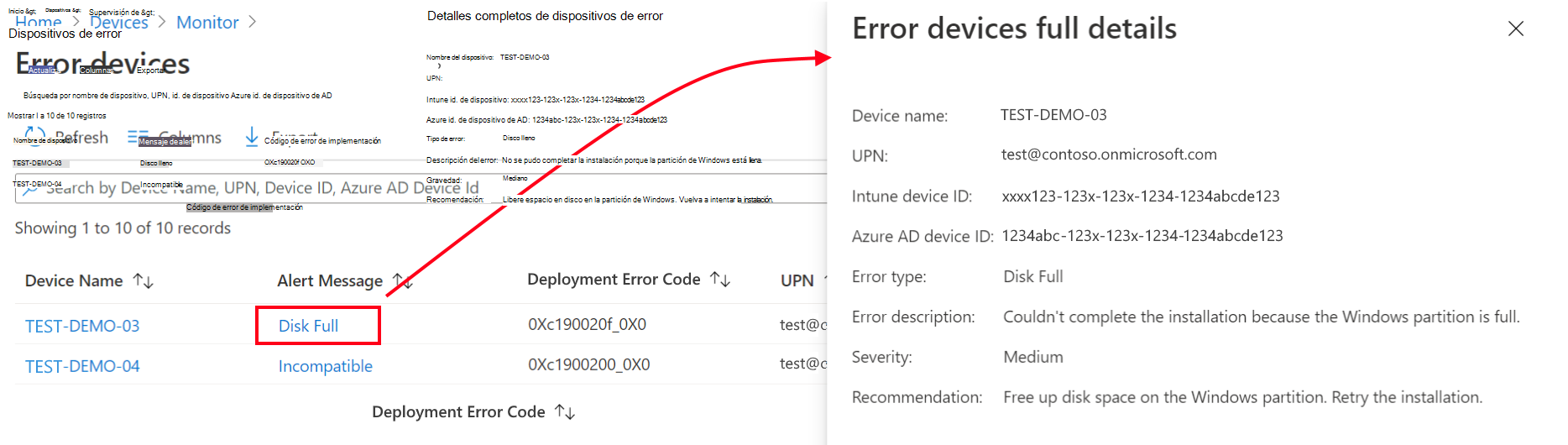 Panel de detalles de alerta que muestra el mensaje de error, el recuento de dispositivos afectados y la información de corrección.