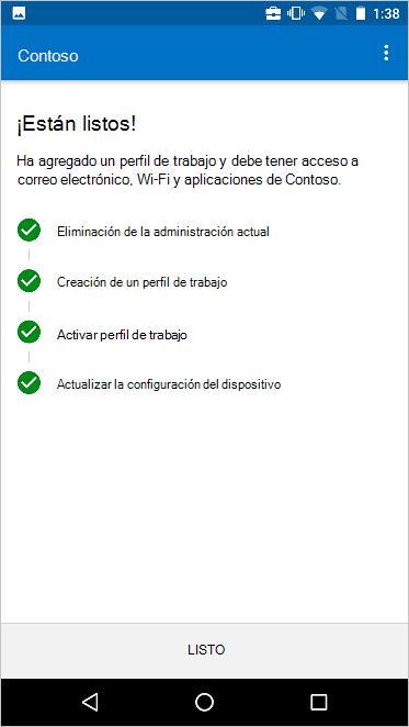 En la pantalla Mover a la nueva configuración de administración de dispositivos, se muestra que se han completado todos los pasos.