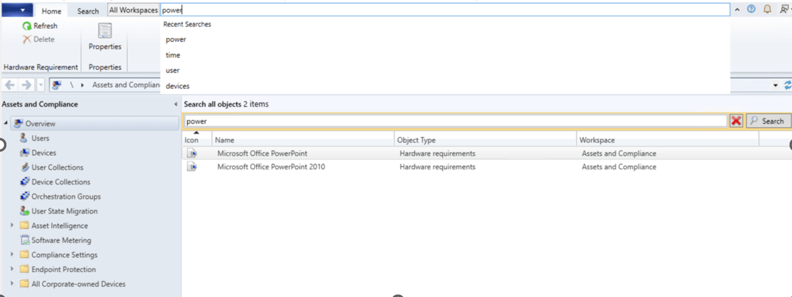 Captura de pantalla que muestra la lista de búsquedas recientes del cuadro de búsqueda global en la consola de CM.