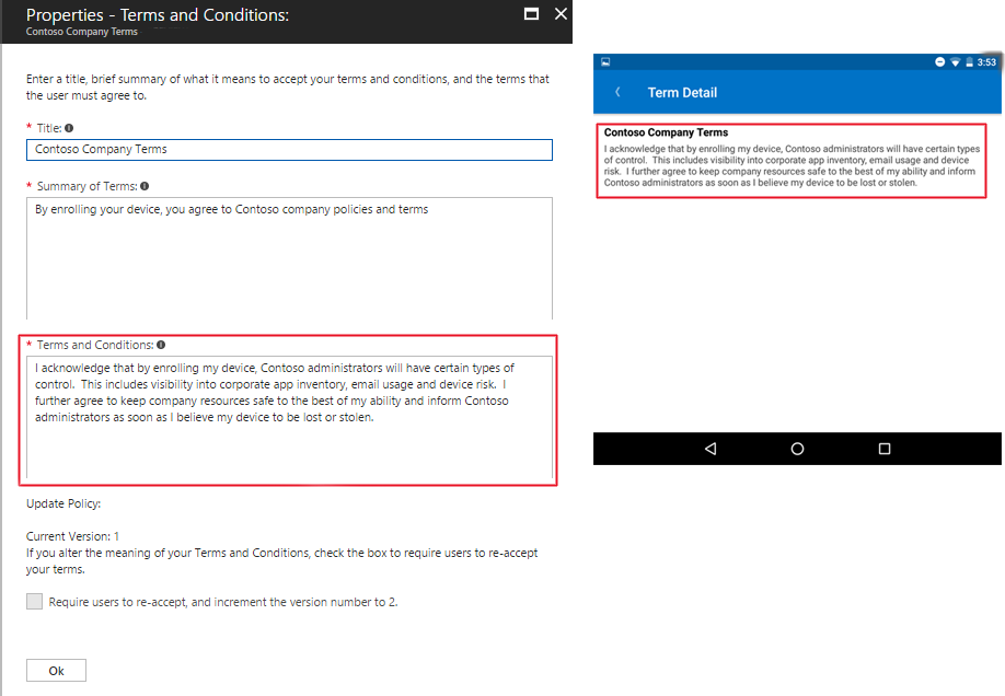 Imagen de ejemplo del mensaje de términos y condiciones redactados en Intune y, a continuación, su aspecto en Portal de empresa.