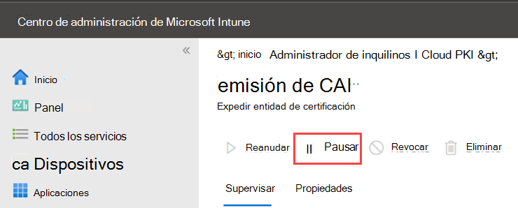 Captura de pantalla de ejemplo que resalta la acción Pausar para PKI en la nube.