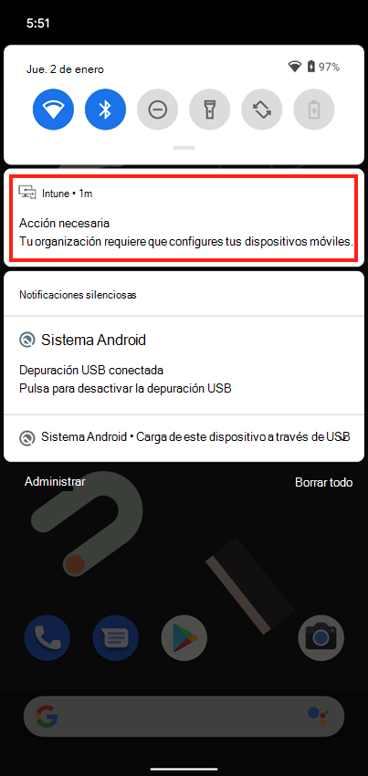 Captura de pantalla de ejemplo de la notificación push del Portal de empresa en la pantalla principal del dispositivo.