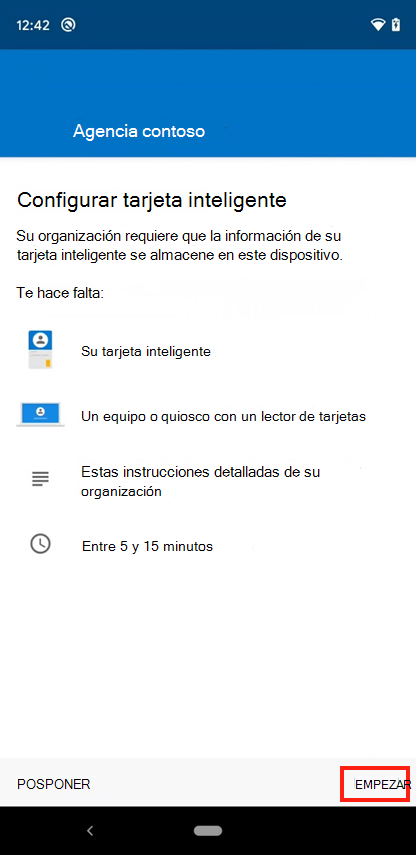 Captura de pantalla de ejemplo de la pantalla Configuración del acceso a tarjetas inteligentes móviles del Portal de empresa.