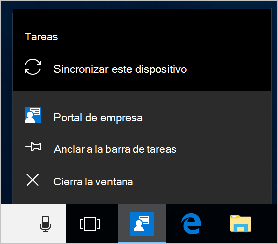 Captura de pantalla de la barra de tareas de Windows en el escritorio de un dispositivo. Se ha seleccionado el icono de aplicación portal de empresa y muestra un menú con las opciones 