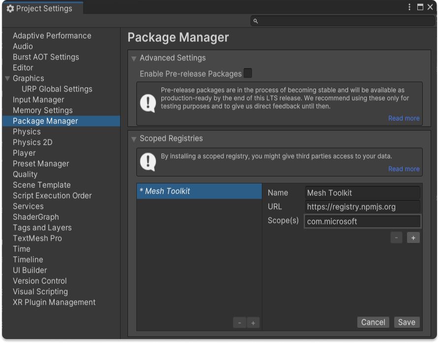 Captura de pantalla de la ventana Configuración del proyecto con la configuración del Registro de ámbito de Administrador de paquetes que se muestra.