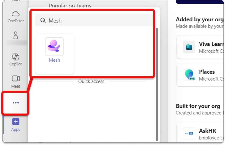 Captura de pantalla de Microsoft Teams en la que se muestra cómo buscar la aplicación Mesh en Teams.